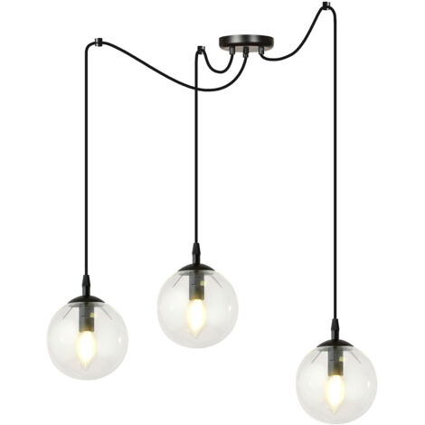 Lampadario 3 Luci Ginevra In Acciaio Nero Con Cavo Lungo E Vetri Trasparente