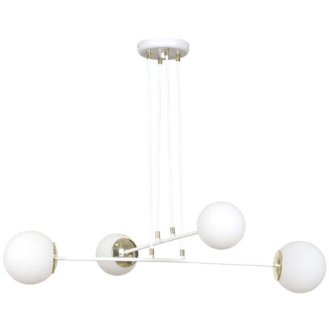 Lampadario Moderno 4 Luci Tsukuyomi In Acciaio Bianco E Oro E Vetro A Sfera Opale