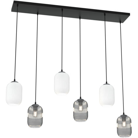 Lampadario 6 Luci Selene In Acciaio Nero E Vetri Plissettati In Bianco E Fumè (1/5)