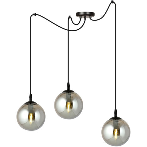 Lampadario 3 Luci Ginevra In Acciaio Nero Con Cavo Lungo E Vetri Fumè