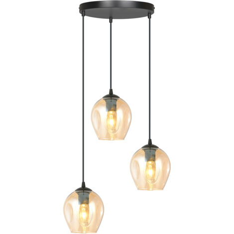 Lampadario 3 Luci Fuxi Base Tonda In Acciaio Nero E Vetri Ambra