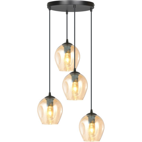Lampadario 4 Luci Fuxi Base Tonda In Acciaio Nero E Vetri Ambra