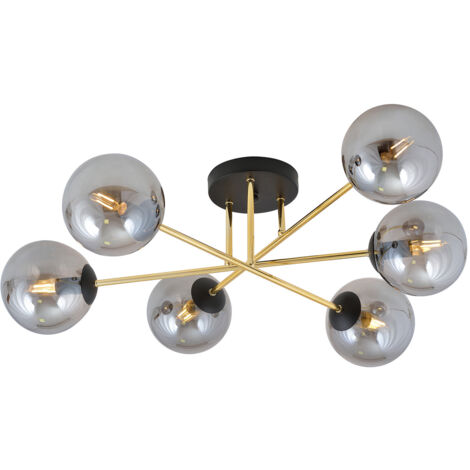 Plafoniera Moderna Magnium 6 Luci In Acciao Oro E Sfere In Vetro Fumè