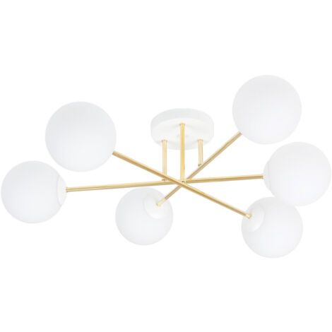 Plafoniera Moderna Magnium 6 Luci In Acciao Oro E Sfere In Vetro Bianco (1/5)