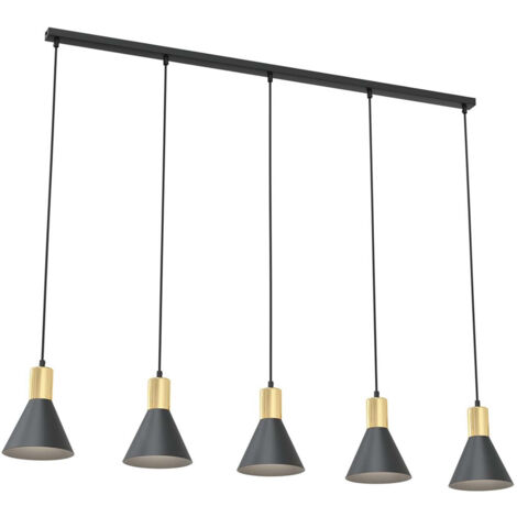Lampadario 5 Luci Heimdall In Acciaio Nero E Paralumi Conici Nero E Oro