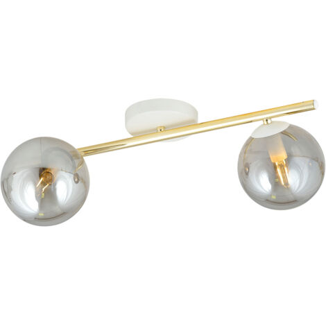 Plafoniera Contemporanea 2 Luci Eracle In Acciaio Oro/Bianco E Sfere Vetro Fumè