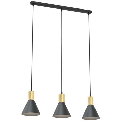 Lampadario 3 Luci Heimdall In Acciaio Nero E Paralumi Conici Nero E Oro