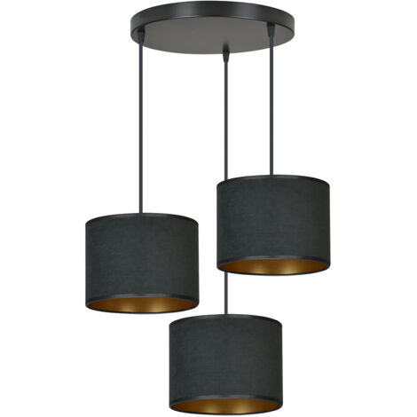 Lampadario Tondo 3 Luci Ganesha In Acciaio Nero E Paralumi In Tessuto Nero
