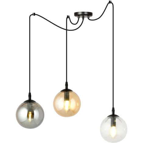 Lampadario 3 Luci Ginevra In Acciaio Nero Con Cavo Lungo E Vetri Multicolor