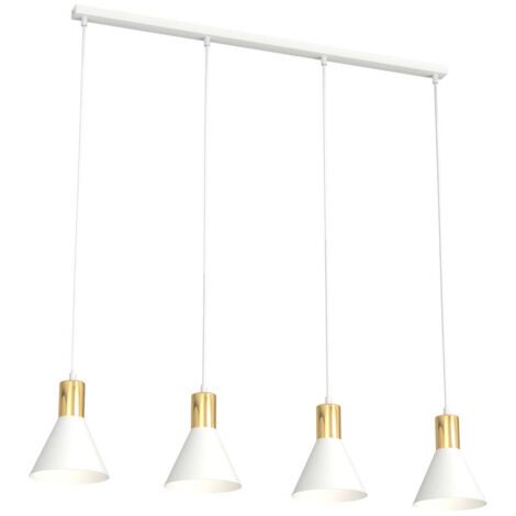 Lampadario 4 Luci Heimdall In Acciaio Bianco E Paralumi Conici Bianco E Oro