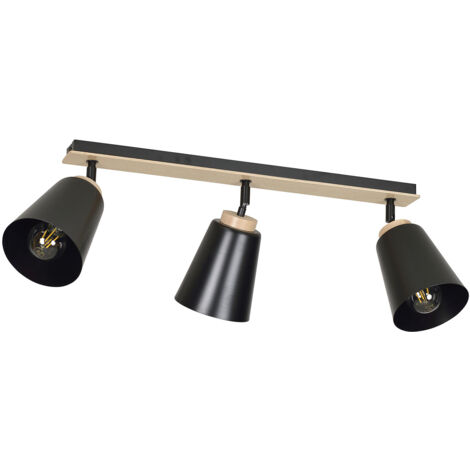 Plafoniera Faretti Spot Orientabili 3 Luci Xiwangmu Acciaio Nero E Legno Naturale