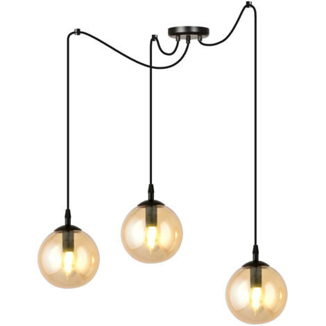 Lampadario 3 Luci Ginevra In Acciaio Nero Con Cavo Lungo E Vetri Ambra