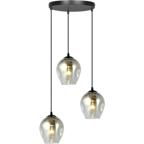 Lampadario 3 Luci Fuxi Base Tonda In Acciaio Nero E Vetri Fumè