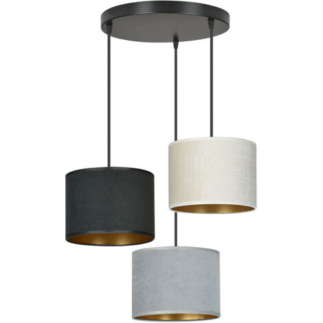 Lampadario Tondo 3 Luci Ganesha In Acciaio Nero E Paralumi In Tessuto Multicolore