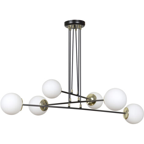 Lampadario Moderno 6 Luci Tsukuyomi In Acciaio Nero E Oro E Vetro A Sfera Opale