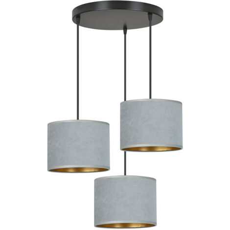 Lampadario Tondo 3 Luci Ganesha In Acciaio Nero E Paralumi In Tessuto Grigio (1/5)