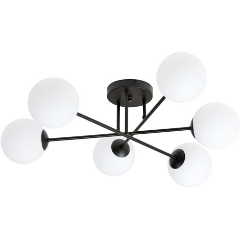 Plafoniera Moderna Morrigan 6 Luci In Acciao Nero E Sfere In Vetro Bianco