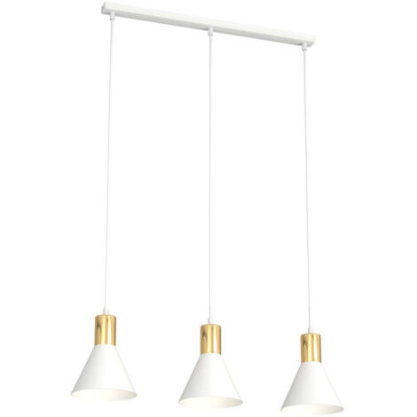 Lampadario 3 Luci Heimdall In Acciaio Bianco E Paralumi Conici Bianco E Oro