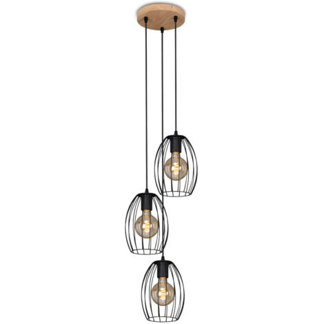 Lampadario Vintage Industrial Waktu Metallo Nero Legno Marrone 3 Luci E27 (1/5)