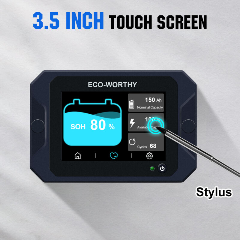 ECO-WORTHY Verbeterde batterijmonitor 300 A 12 V/24 V/36 V/48 V, 3,5 inch touchscreen batterijmonitor met alarm, lithium/gel batterijtester voor campers, zonnesystemen
