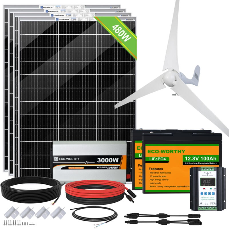 ECO-WORTHY 880W 24V Hybrid-Kit: 400W DC Windgenerator mit 120W Solarpanel  und 1500W 24V Wechselrichter für Haus, Schuppen, netzunabhängiges System