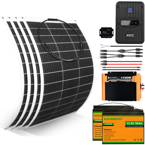 ECO-WORTHY 520W Solar Panel Flexible Complete Kit with 2 pcs 100Ah 12V  LiFePO4 Lithium Battery,1100W 12V inverter and 40A MPPT Charge Controller  for Boat, Home, Caravan, Marine