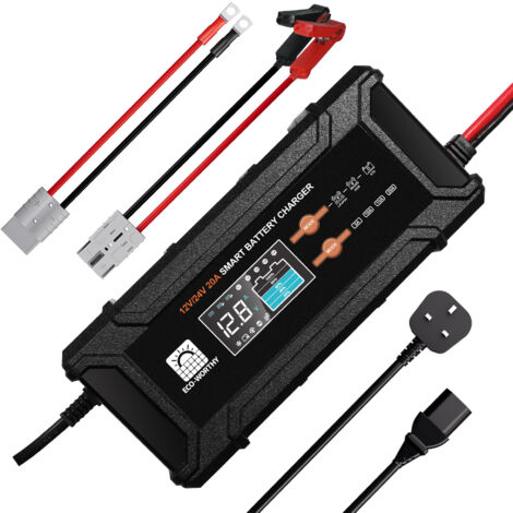 ECO-WORTHY 12V 20A /24V 10A Battery Charger Plug Automatic Smart with LCD Display for Lead Acid and Lithium (LiFePO4) Battery