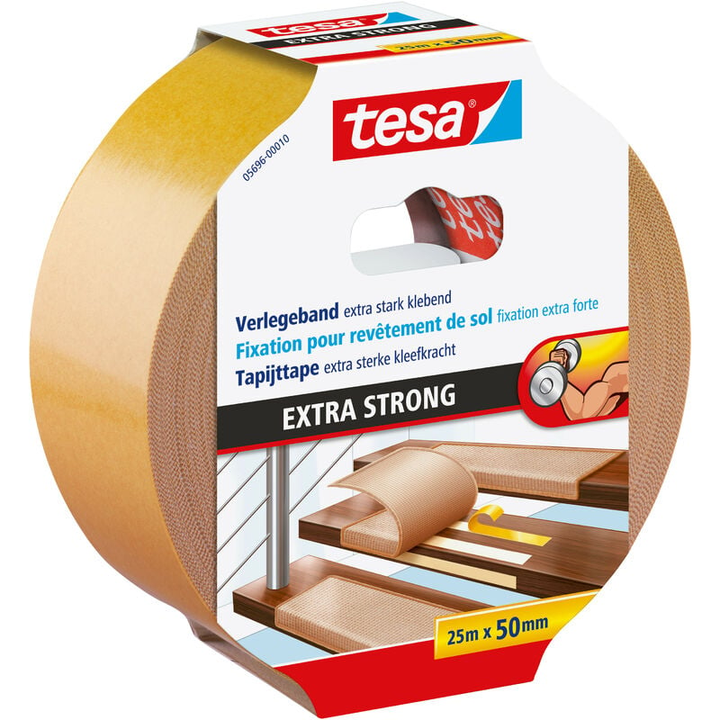 tesa Verlegeband extra stark klebend - Doppelseitiges Klebeband zum  Verlegen von Teppich und PVC-Belag - doppelseitig klebend - 25 m x 50 mm