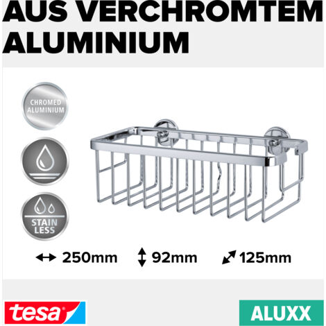 tesa ALUXX Duschkorb, Aluminium, verchromt, garantiert rostfrei, inkl. Klebelösung, tiefer Boden, 125 mm x 250 mm x 92 mm