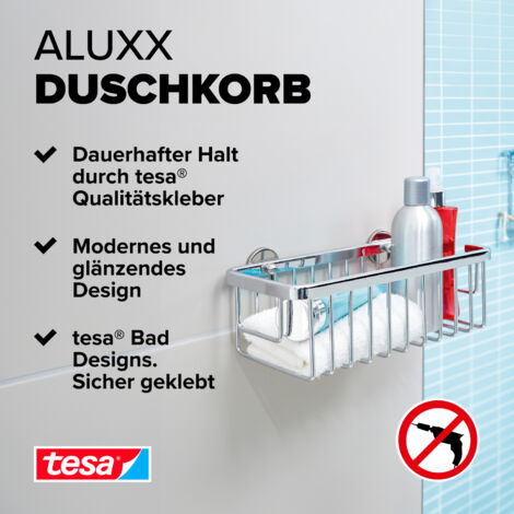 tesa ALUXX Duschkorb, Aluminium, verchromt, garantiert rostfrei, inkl. Klebelösung, tiefer Boden, 125 mm x 250 mm x 92 mm