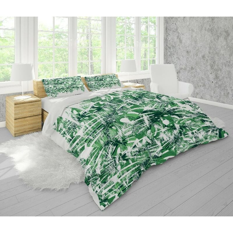 Housse de Couette Double Feuilles Exotiques - pour le lit - Sac, avec taie  d'oreiller - Soft - Pour la chambre à coucher, chambre d'enfant - Nature -  Blanc, Vert en 70% Coton, 30% Polyester, 200x250 c