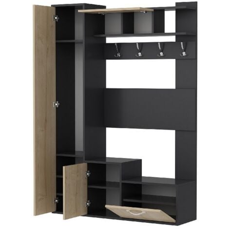 Meuble d'Entrée Ursula, Panneau Aggloméré Mélaminé, Chêne, Anthracite, 125x35x184 cm