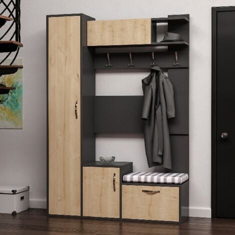 Meuble d'Entrée Seina, Panneau Aggloméré Mélaminé, Chêne, Anthracite, 125x35x184 cm