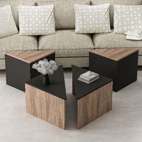 Table Basse Flora, Panneau Aggloméré Mélaminé, Noir, Chêne, 120x120x47 cm