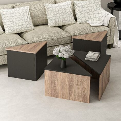 Table Basse Flora, Panneau Aggloméré Mélaminé, Noir, Chêne, 120x120x47 cm
