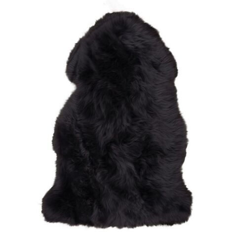 Tapis de Salon Asymétrique Lambskin, Peau d'Agneau Authentique, Noir, 85x50x5 cm