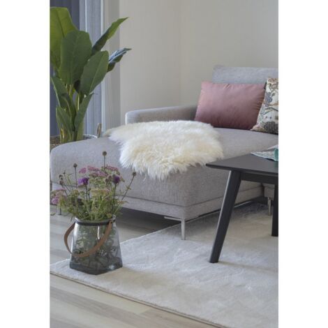 Tapis de Salon Asymétrique Lambskin, Peau d'Agneau Authentique, Blanc, 85x50x5 cm