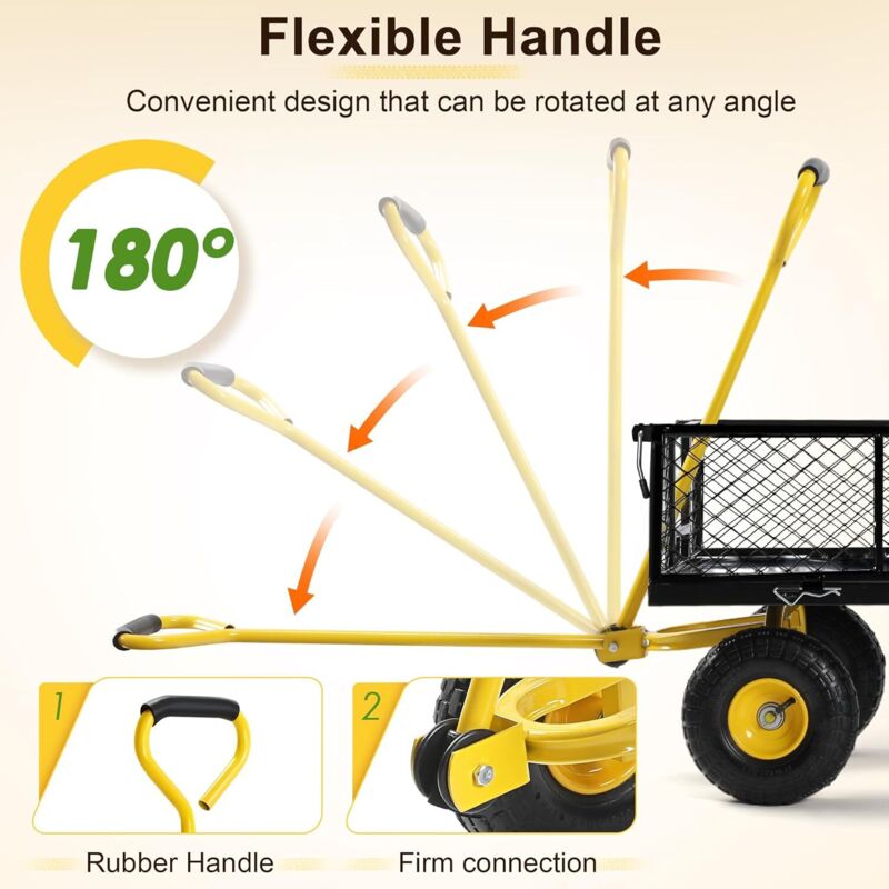 Chariot De Jardin Outsunny 200kg - 4 Roues Tout-Terrain - Côtés Amovibles - Noir/Jaune