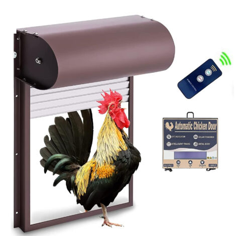 SJLERST Porte Automatique poulailler programmable, ,Powerd Métal Rideau Roulant Poulailler Porte, avec Minuterie Capteur de Lumière Télécommande 3 modes Marron