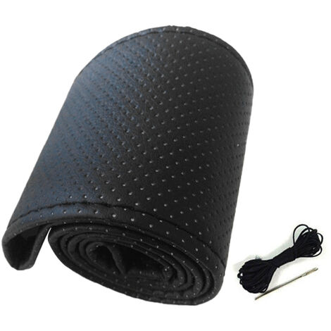Housse de volant de voiture universelle, couture à la main, en cuir microfibre perforé, housse de volant pour 38cm de diamètre, noir (1/2)