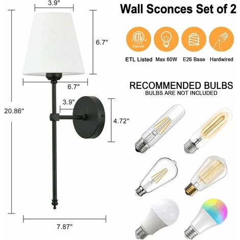 SJLERST 2pcs Appliques Murales Intérieur , Lampe Murale avec Abat-jour en Tissu Blanc, Luminaire Applique Métal pour salle de bain Chambre Salon Couloir, Douille d'Ampoule E27 [Classe énergétique A] A