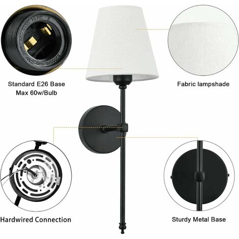 SJLERST 2pcs Appliques Murales Intérieur , Lampe Murale avec Abat-jour en Tissu Blanc, Luminaire Applique Métal pour salle de bain Chambre Salon Couloir, Douille d'Ampoule E27 [Classe énergétique A] A
