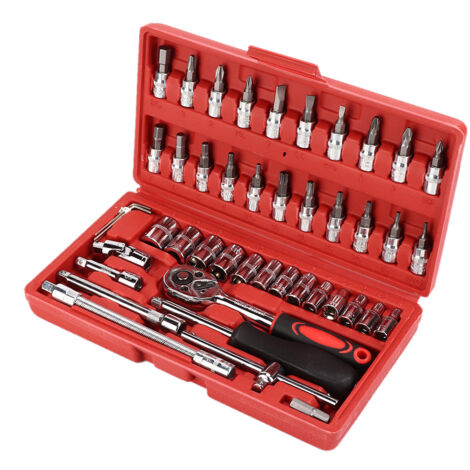 SJLERST Jeu de clés à cliquet，Kit de clés à douille 46 pièces/ensemble, cliquet d'entraînement 1/4 pouces, outil de réparation de voiture de Garage métrique (1/5)