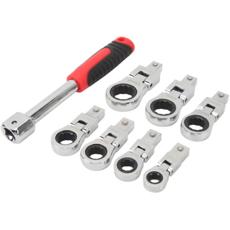 SJLERST Jeu de clés à cliquet，Clé à cliquet Flexible avec 7 têtes, changement rapide, rotation de 180 degrés, 72 dents, acier au Chrome Vanadium, métrique, 8 pièces (1/5)