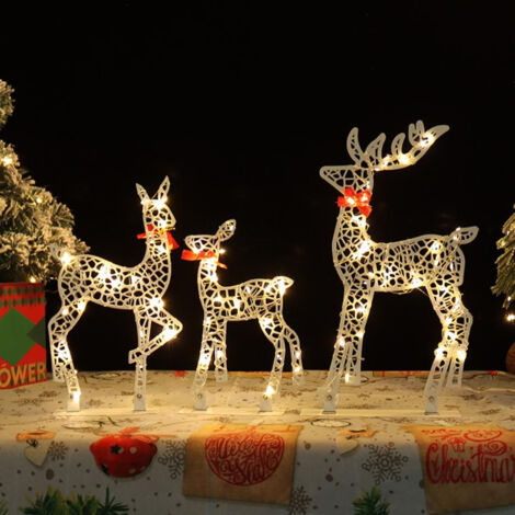 SJLERST Ensemble Familial de Cerfs de Noël éclairés 3 Pièces, Noël élégante avec nœud rouge pour Décoration de Table pour Extérieur (1/5)