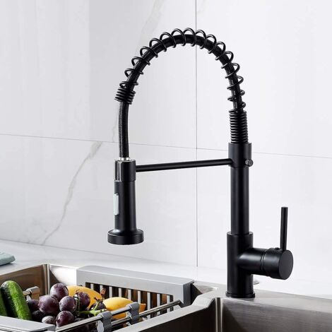 SJLERST Robinet Cuisine avec Douchette Pivotant à 360°, Robinet Cuisine à Ressort 2 Modes de Pulvérisation avec Tuyaux Mitigeur Monocommande Evier Froide et Chaud Disponible (Noir) (1/5)