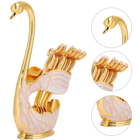 SJLERST Metal Coffee Dessert Spoon Set, 6 Pièces cuillères à café fourchettes de fruits Cygne Set de vaisselle légumes en acier inoxydable avec porte-cuillère en forme de cygne pour thé(Blanc Doré) (1/5)
