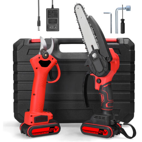 Sjlerst – Tronçonneuse à batterie 6 pouces avec 2 batteries 21V – Moteur à balais performant – Coupe nette pour bois dur et teck – Sécateur électrique inclus