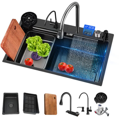 Sjlerst – Évier de Cuisine Multifonction 1 Bac 80 x 45 cm – Cascade avec Robinetterie Extractible, Rinceuse à Verres et Distributeur de Savon – Évier Noir à Poser