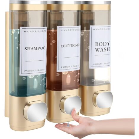 SJLERST Lot de 3 distributeurs de savon, fixation murale, sans perçage, distribution uniforme de liquide, anti-fuite, convient pour shampooing, gel douche, savon liquide, après-shampoing, or